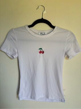 White Ribbed Cherry Embroidered Short Sleeve Tee